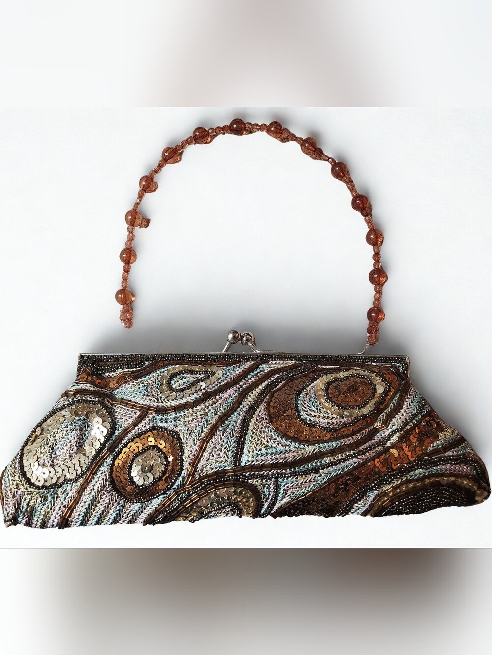 Vintage Y2K Beaded Sequin Clutch in Copper/Bronze/Silver w/Peacock Pattern